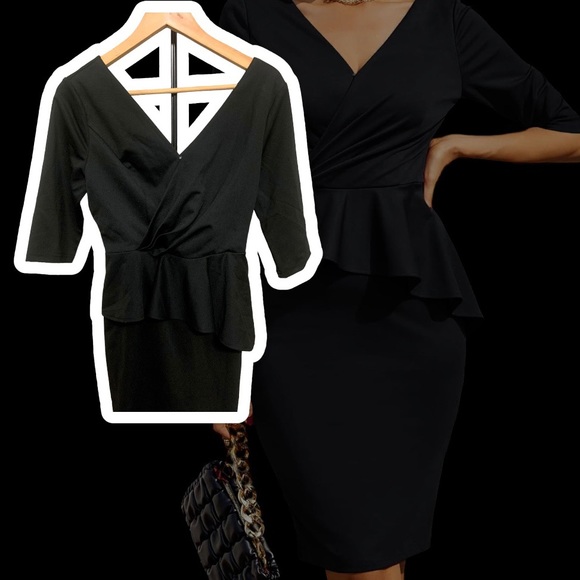 *NEW* Women Office Pencil Dress Wrap V Neck Ruffle Hem For Work Dresses - Picture 2 of 10